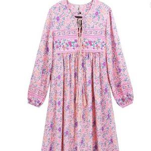 Women's Long Sleeve Floral Print Retro V Neck Tassel Bohemian Midi Dresses